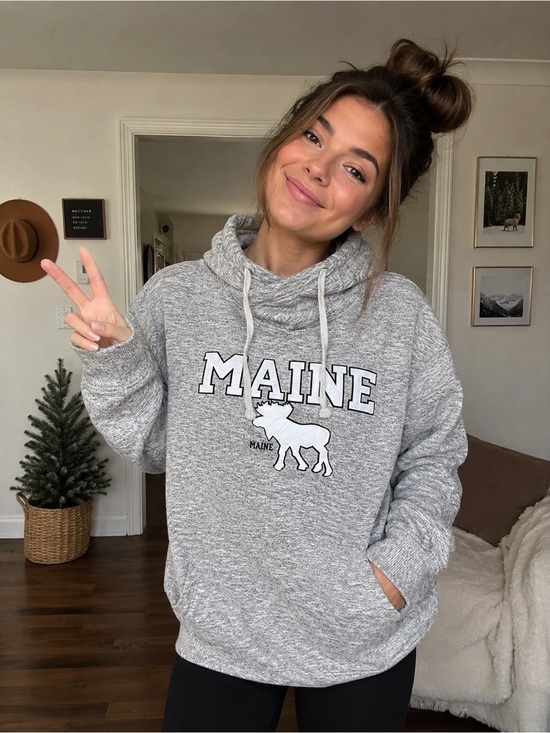 Harrisburg Sweaters - Harrisburg Trading Co Gray MAINE Moose Hoodie Pullover Cozy Cowl Neck 2XL